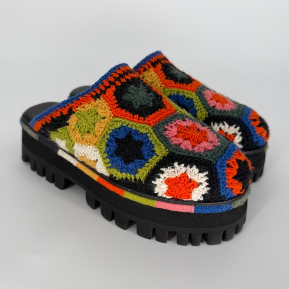 FARM Rio Shoes - FARM RIO BLACK COLORFUL CROCHET PLATFORM MULES SIZE 8 GRANNY SQUARE BOHO HIPPIE